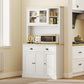 White pantry cabinet with open shelf and microwave, plus two drawers and three door fronts