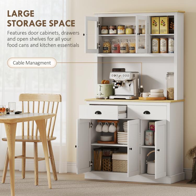White kitchen cabinet with open shelves above and enclosed lower storage for food and cookware