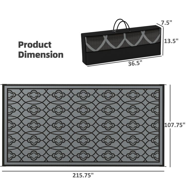 Reversible outdoor rug dimensions diagram on gray quatrefoil lattice