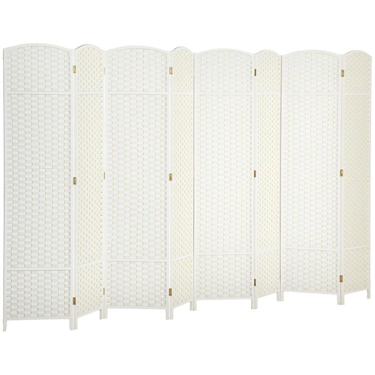 White 8-panel folding room divider screen with woven texture and gold-tone hinges