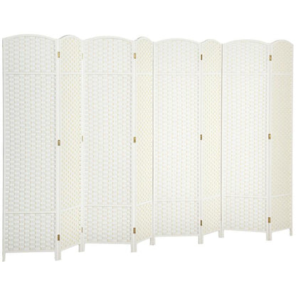 White 8-panel folding room divider screen with woven texture and gold-tone hinges