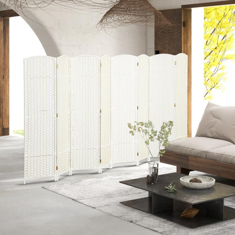 White 8-panel folding room divider set up as privacy screen in a living room
