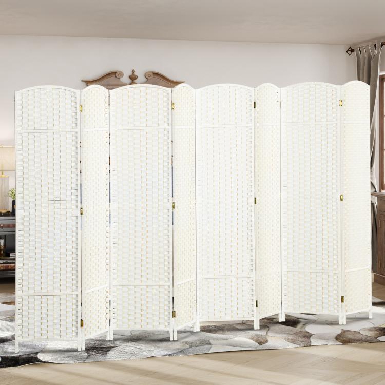 White 8-panel privacy room divider screen with scalloped top edges and hinged joints