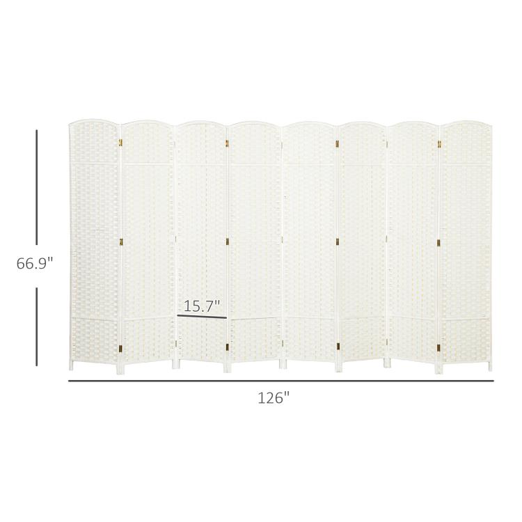 White 8-panel folding privacy divider screen with dimensions shown on white background