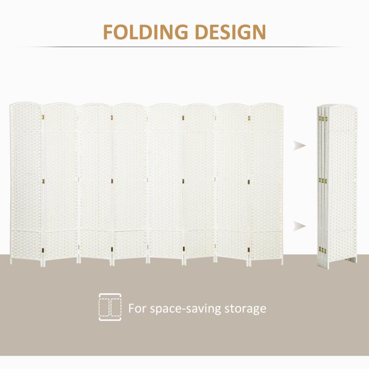 White folding privacy screen with 8 panels shown folded for space-saving storage