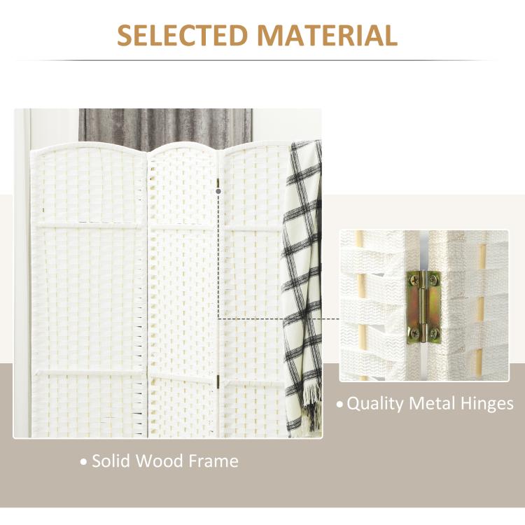 White privacy divider detail showing solid wood frame and quality metal hinges