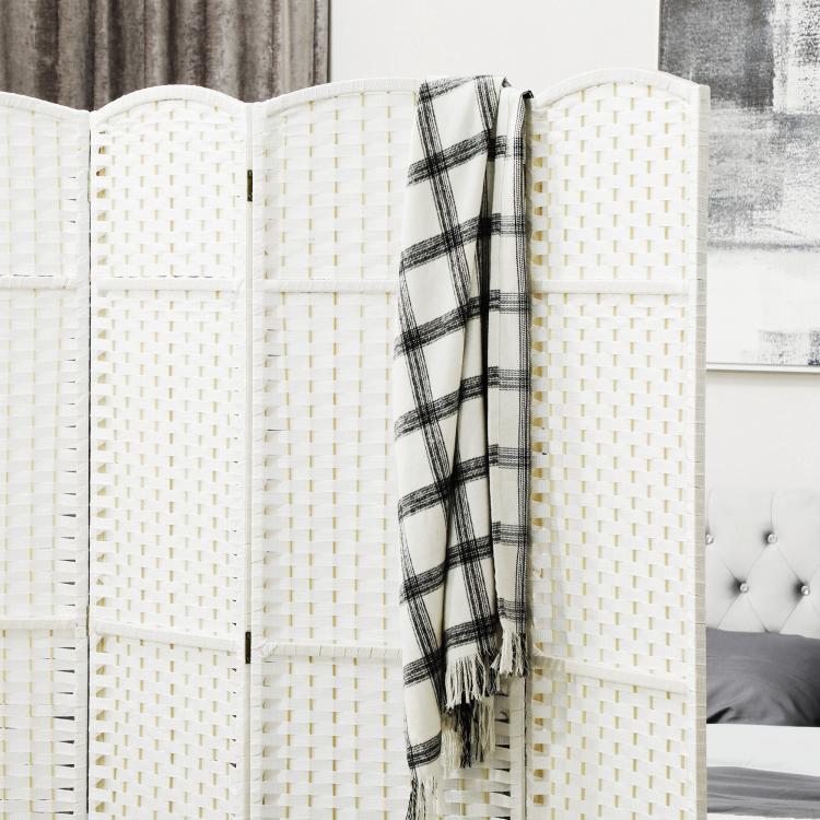 Close-up of white 8-panel divider hinge area with black-and-white plaid hanging cloth