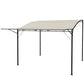 Outdoor gazebo roof with cream white canopy and black metal support posts