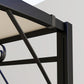 Outdoor pergola with cream fabric canopy and black steel frame corner detail
