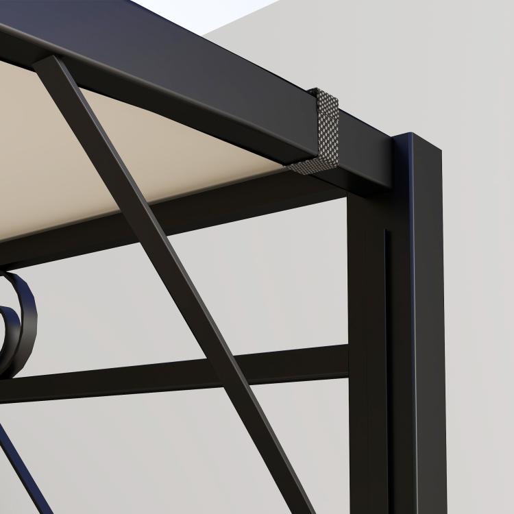 Outdoor pergola with cream fabric canopy and black steel frame corner detail
