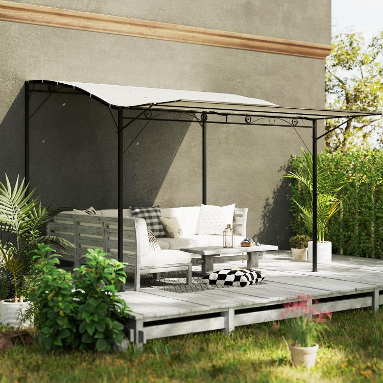 Outdoor gazebo with cream white canopy and black side panels for added coverage