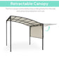 Retractable patio gazebo with cream canopy, black frame, and extended side shade