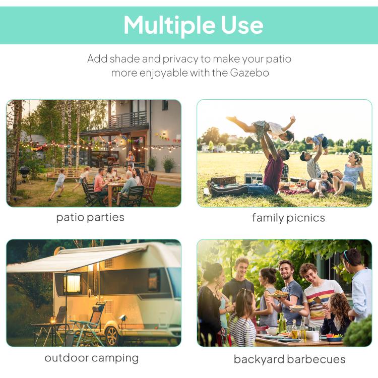 Gazebo shown for multiple outdoor uses like patio parties, camping, and picnics