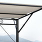Close-up of gazebo canopy support with black beams and cream fabric edge