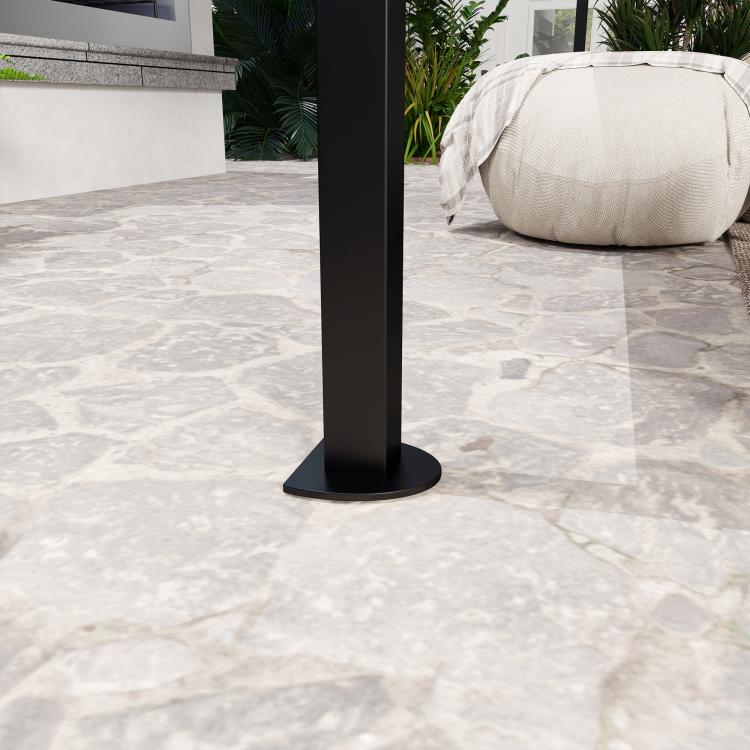Gazebo base on stone patio with black steel support post and foot