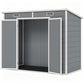 Open gray plastic storage shed with double doors, side vents, empty interior
