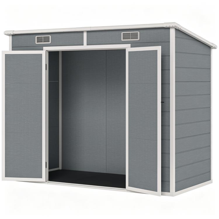 Open gray plastic storage shed with double doors, side vents, empty interior