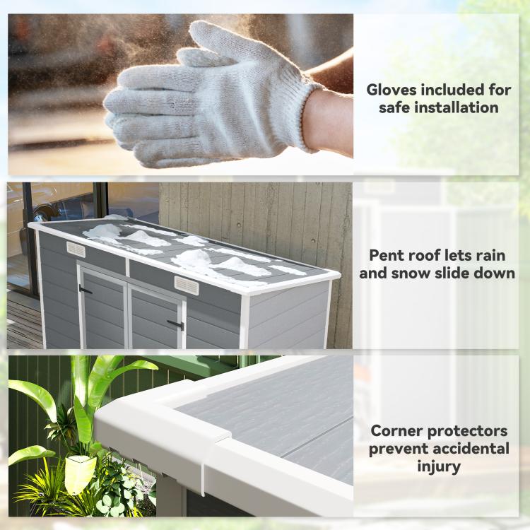 Gray plastic outdoor storage shed roof with vents and corner protectors