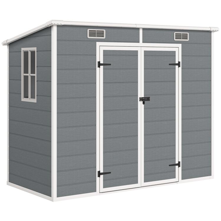 Gray plastic storage shed with double doors, window panels, and roof vents
