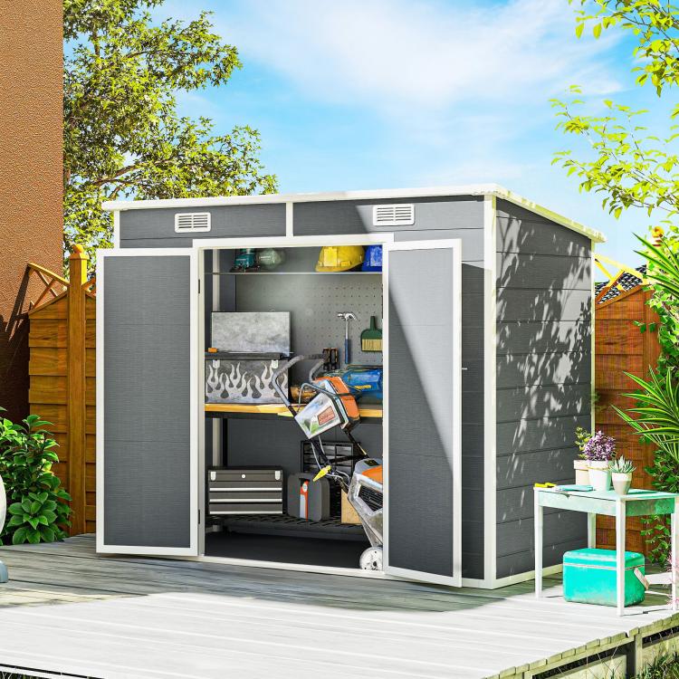 Gray plastic storage shed with open double doors showing tool storage inside