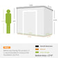 White dimension diagram of gray plastic storage shed with overall size and floor area