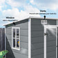 Gray plastic storage shed side wall with window and vented roof panel