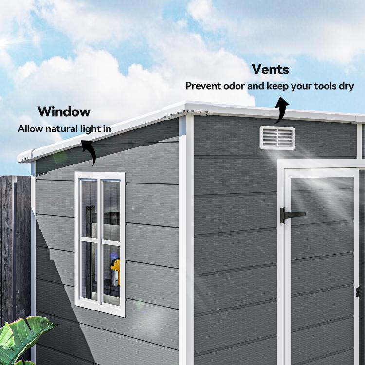 Gray plastic storage shed side wall with window and vented roof panel