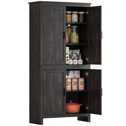 Freestanding gray-oak pantry cabinet with 4 doors, open shelving with jars and cookware