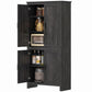 Freestanding gray-oak pantry cabinet with 2 doors open, showing shelves and countertop appliances