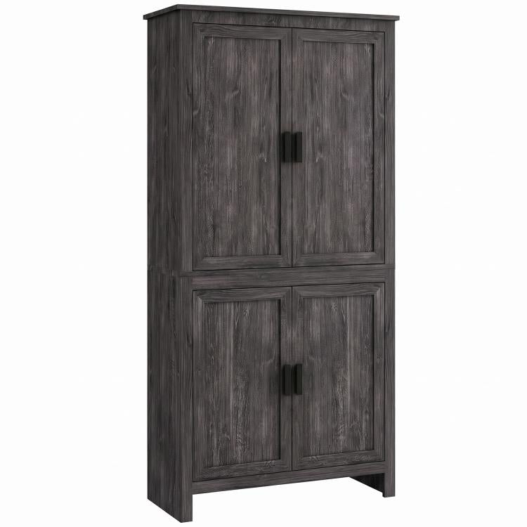 Freestanding gray oak pantry cabinet with 4 doors and square legs