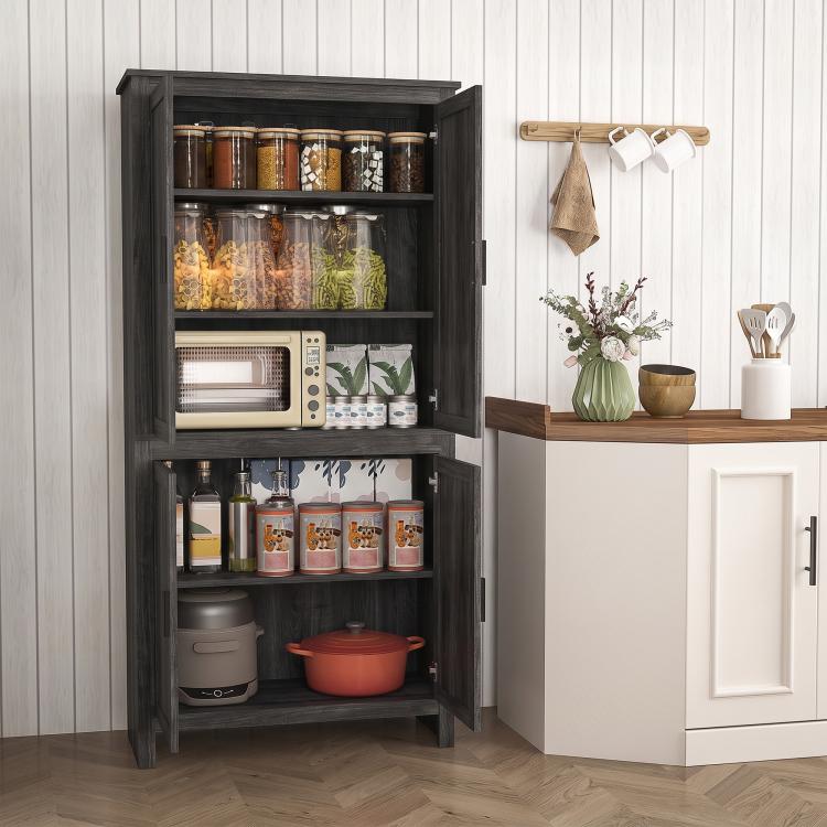 Freestanding gray-oak pantry cabinet with 4 doors open, holding jars and a countertop microwave