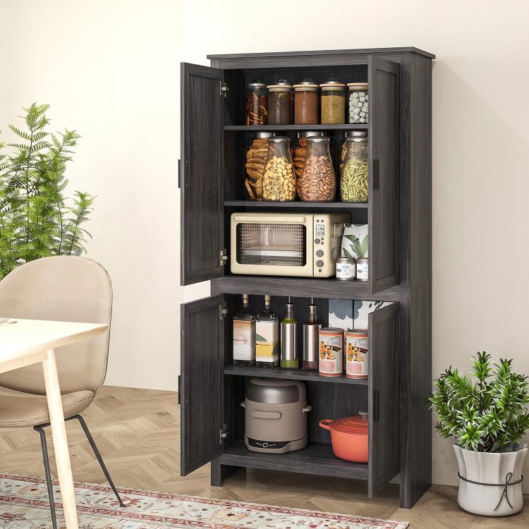 Freestanding gray-oak pantry cabinet with open doors, shelves stocked with jars, bottles, and pots