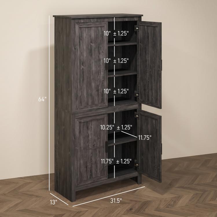 Gray-oak pantry cabinet with doors open, showing interior shelves and overall size markings