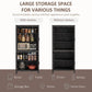 Gray-oak pantry cabinet shown with open and closed door configurations