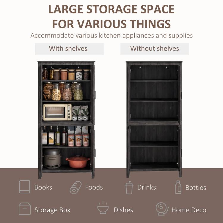 Gray-oak pantry cabinet shown with open and closed door configurations