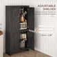 Gray-oak pantry cabinet with 4 doors open, adjustable shelves and interior storage compartments