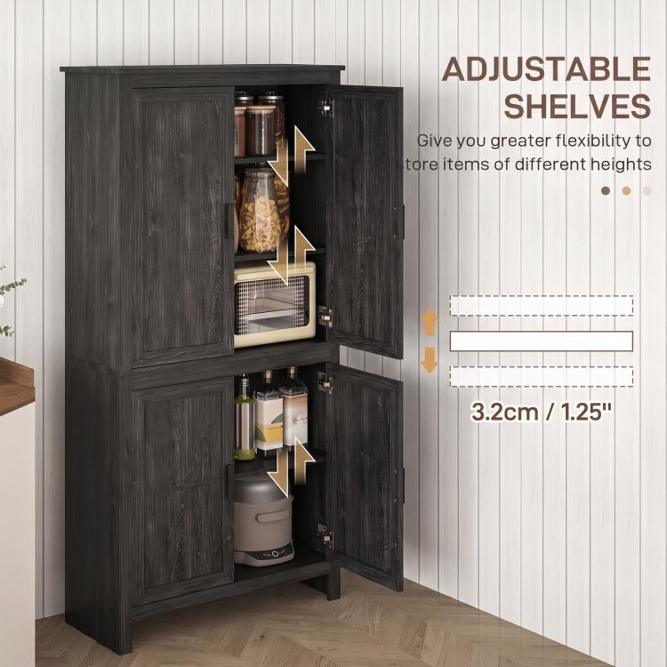 Gray-oak pantry cabinet with 4 doors open, adjustable shelves and interior storage compartments