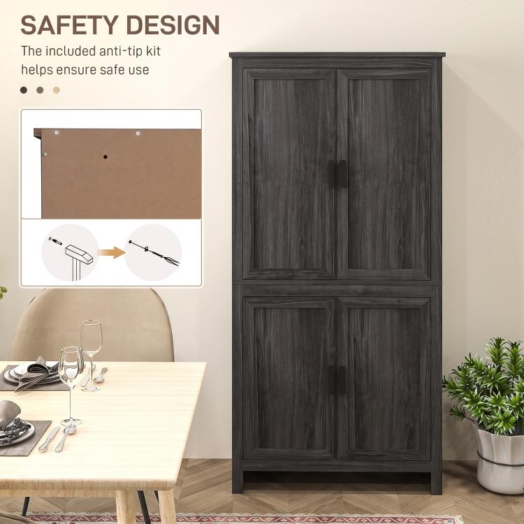 Gray-oak pantry cabinet with 4 doors closed, paneled front design and stable base