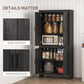 Gray-oak pantry cabinet with shaker-style door panels, dark accents, and open interior shelves