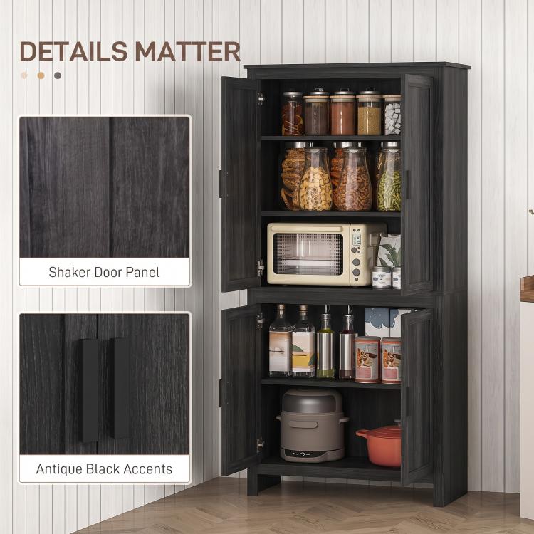 Gray-oak pantry cabinet with shaker-style door panels, dark accents, and open interior shelves