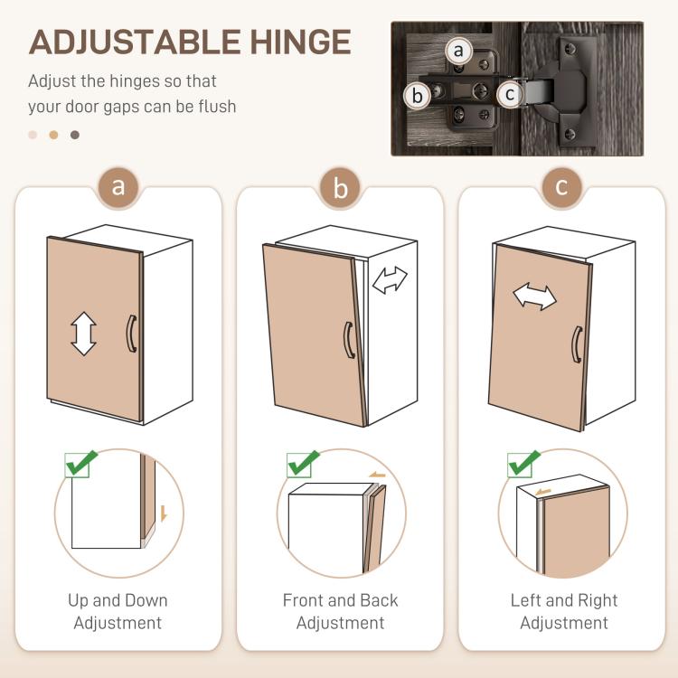Pantry cabinet adjustable hinge hardware shown on door frame for flush alignment