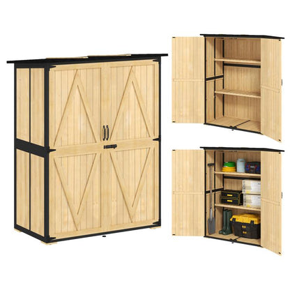 Natural wood storage shed with double doors, black steel frame, and two interior shelves