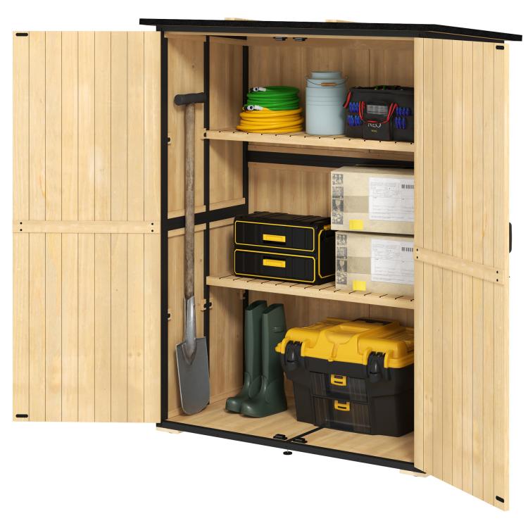 Open natural wood garden shed showing two shelves with storage bins and tools inside