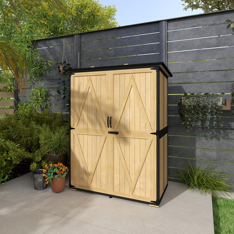 Natural wood outdoor storage shed with dark asphalt roof and double lockable doors