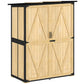 Natural wood storage shed with dark trim, double doors, and metal latch handles