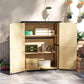 Natural wood outdoor storage shed with double doors open to reveal two levels of shelving