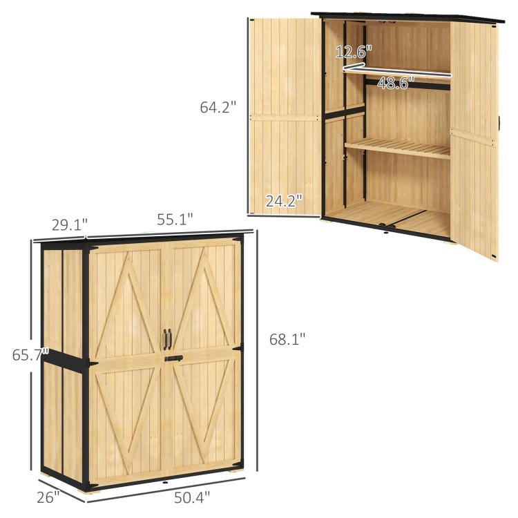 Natural wood storage shed dimensions view with hinged double doors and interior shelf area