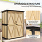 Natural wood shed with black powder-coated steel frame and double doors for outdoor storage
