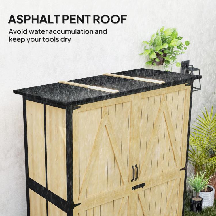 Natural wood outdoor storage shed with asphalt-style roof and double-door front