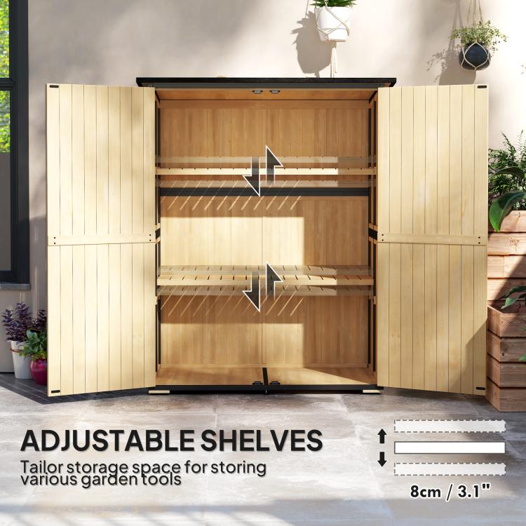 Natural wood shed with open double doors and adjustable shelving on interior side rails